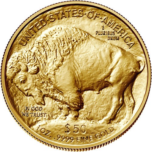 Reverse of 2021 American Gold Buffalo with fifty-dollar denomination and famous bison design.