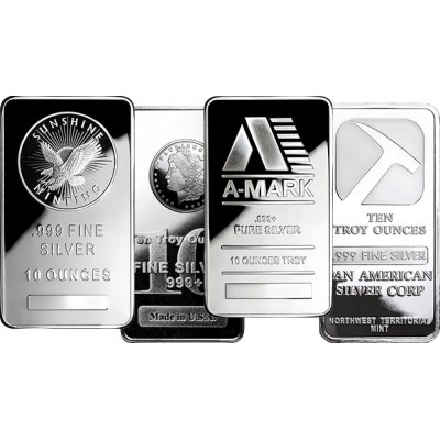 10 OZ .999 Silver Bar Variety Brand Our Choice